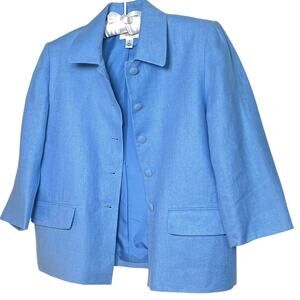 Talbots Petites Blazer Size 12P Blue Irish Linen Cropped Button Up Jacket Lined